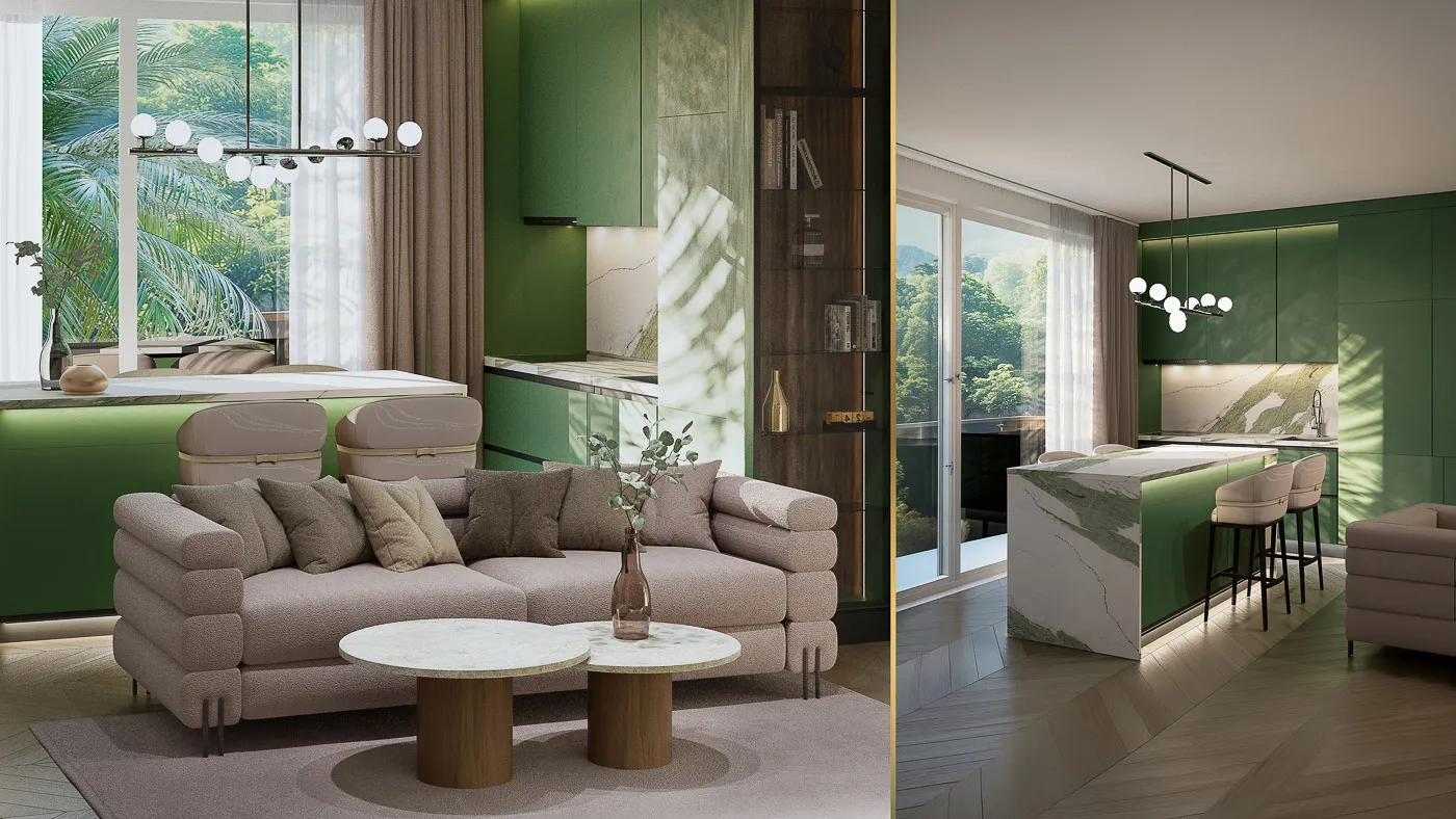 Living y Cocina en Emerald Green Punta Cana